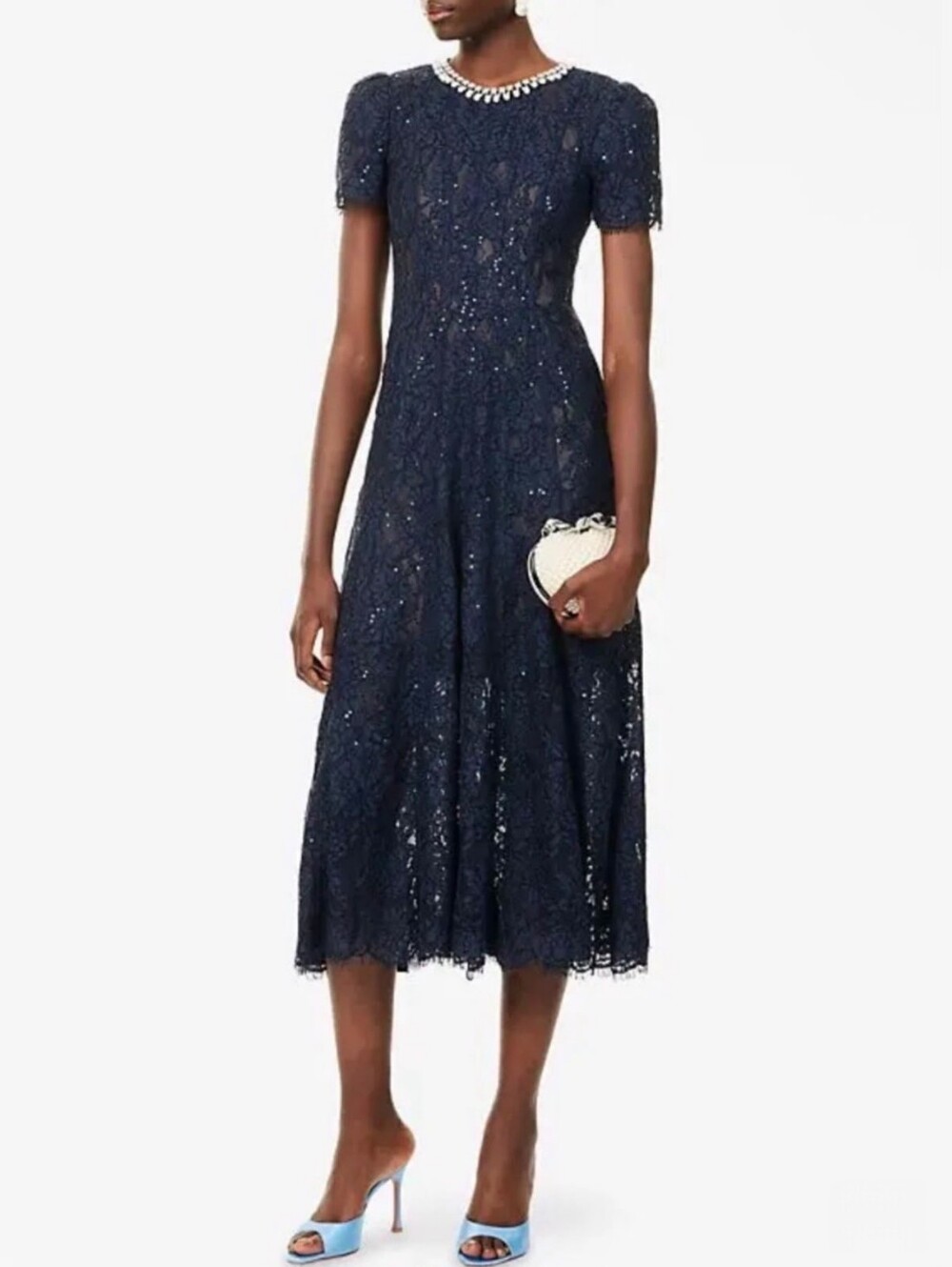 Self-Portrait Embellished Woven Navy Lace Midi Dress